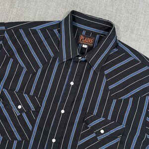 Plains Western Wear Snap Shirt Mens Large Black Blue Striped Western Cowboy